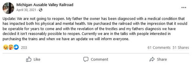 Michigan AuSable Valley Railroad - Facebook Post On Closing From Owners (newer photo)